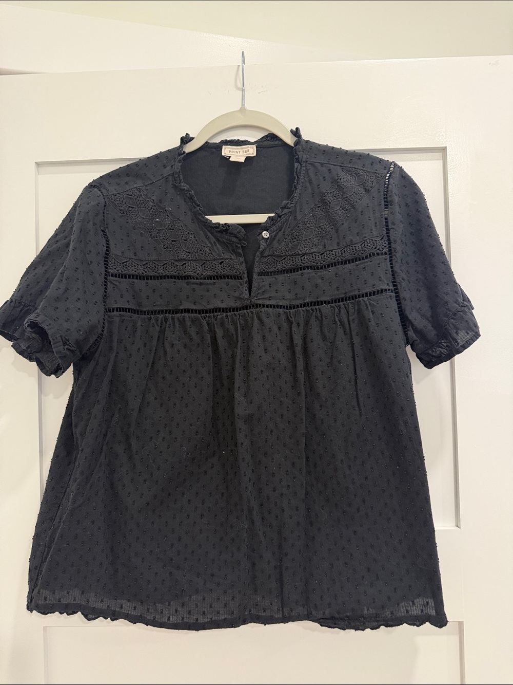 Point Sur Black Cotton Embroidered Lace Peasant Top M Boho